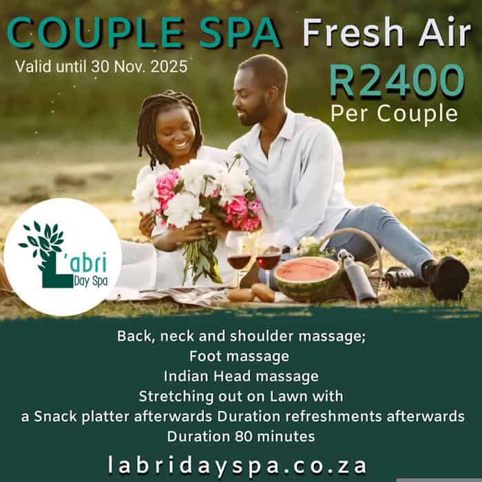 Couple spa picnic fresh air L;abri
